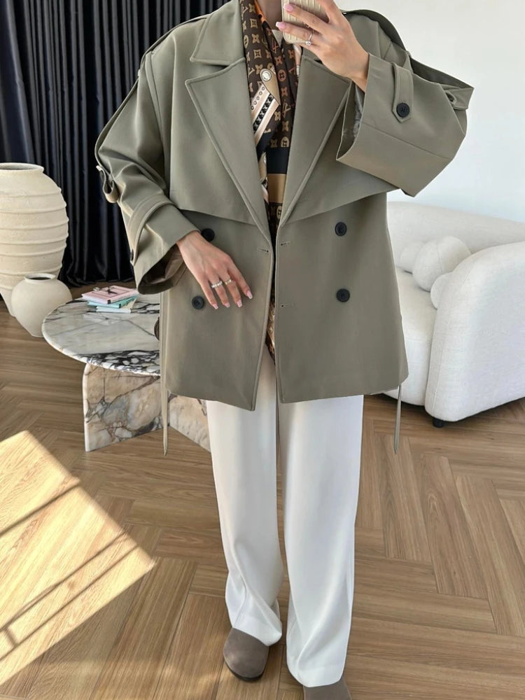 Vintage Turn-down Collar Lace Up Windbreaker Women Fashion Double Breasdted Belt Jackets Female Autumn Chic Casual Streetwear ﻿