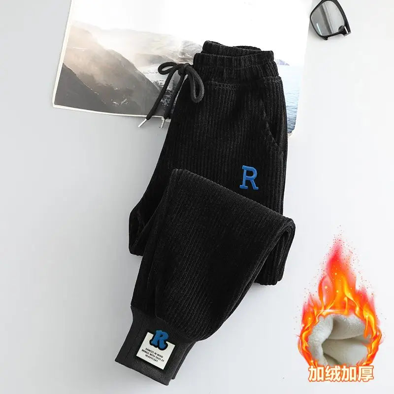 Corduroy Black Apricot Color Embroidered Label Decoration Drawstring Screw Thread Alphabet Printing Ankle Length Pants Female