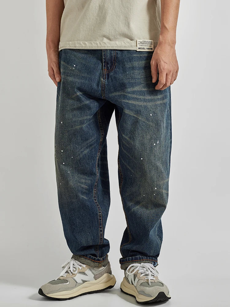Four Seasons New American Retro Spray Paint Denim Jeans Men's Fashion 100% Cotton Washed Make Old Casual Straight Loose Trousers