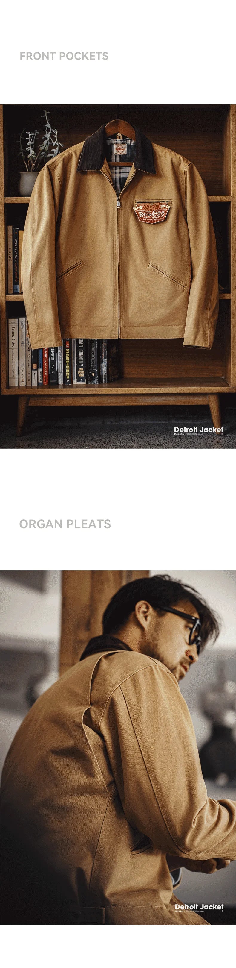 Maden Retro Canvas Detroit Hunting J001 Jacket Heavyweight Pocket Work Jacket Lapel Collar Zipper Coat for Men's Spring and Fall