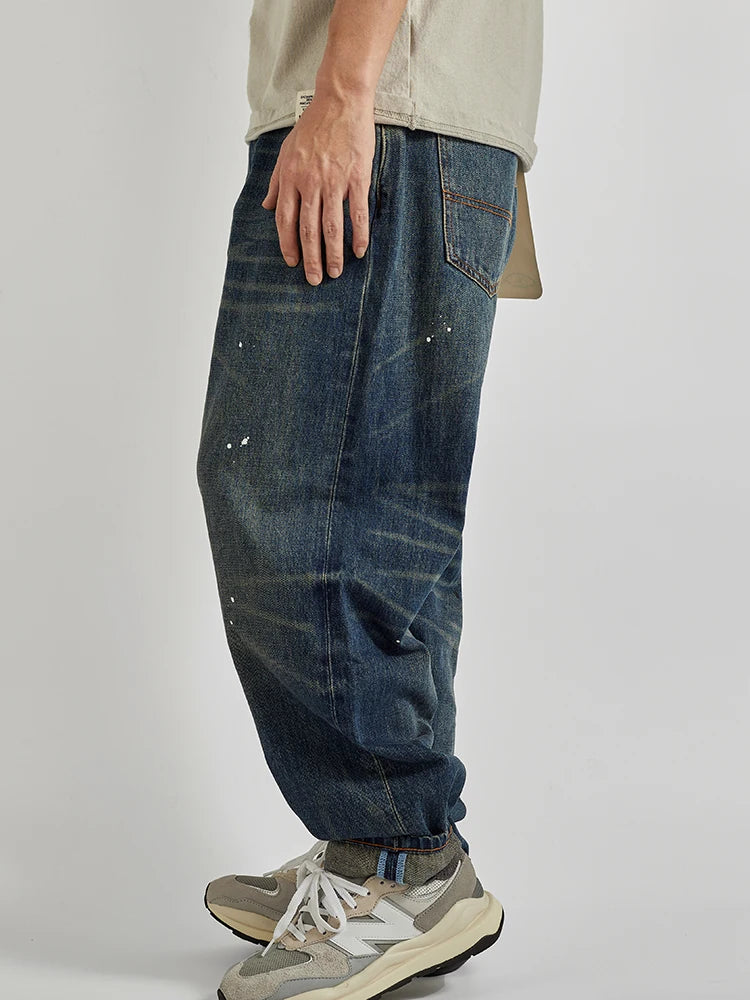 Four Seasons New American Retro Spray Paint Denim Jeans Men's Fashion 100% Cotton Washed Make Old Casual Straight Loose Trousers