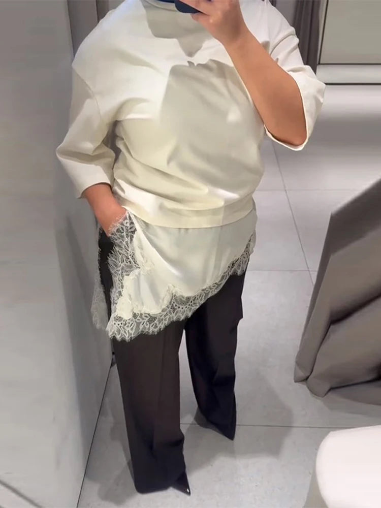 Elegant Lace Trim Patchwork Solid Blouse T-shirts Women Asymmetrical Hem Casual Inner Wear Top 2025 New Solid All Match Outfit