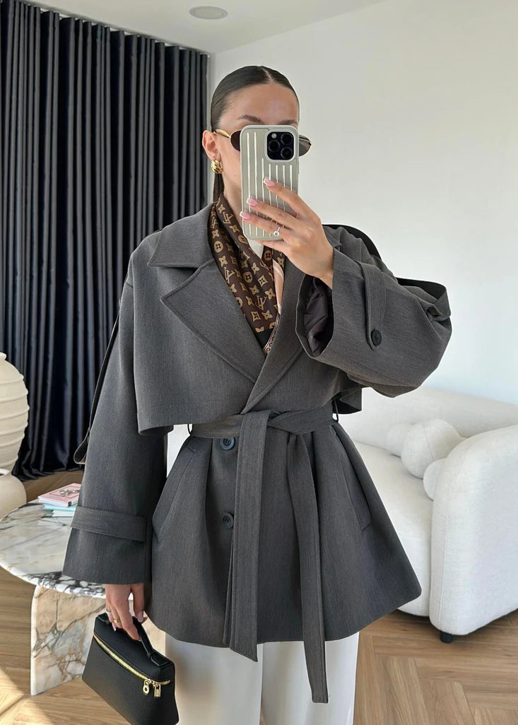 Vintage Turn-down Collar Lace Up Windbreaker Women Fashion Double Breasdted Belt Jackets Female Autumn Chic Casual Streetwear ﻿