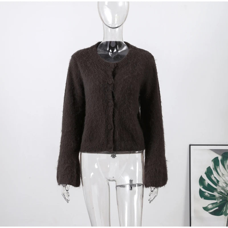 Fashion O-neck Knitted Cardigan Women Solid Flare sleeve Single Breasted Slim Sweater 2025 Lady Autumn Winter Chic New Knitwear