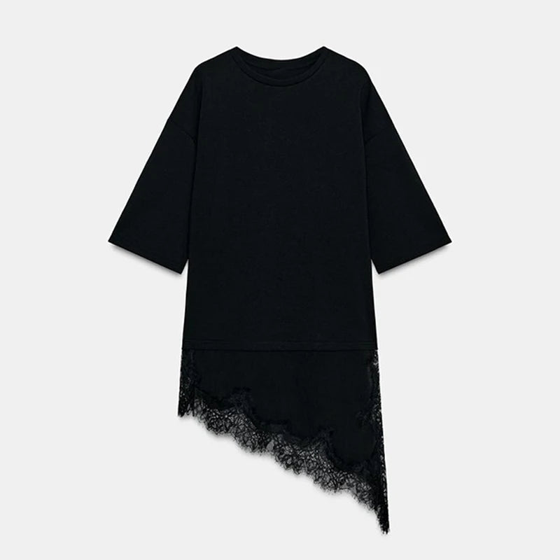 Elegant Lace Trim Patchwork Solid Blouse T-shirts Women Asymmetrical Hem Casual Inner Wear Top 2025 New Solid All Match Outfit