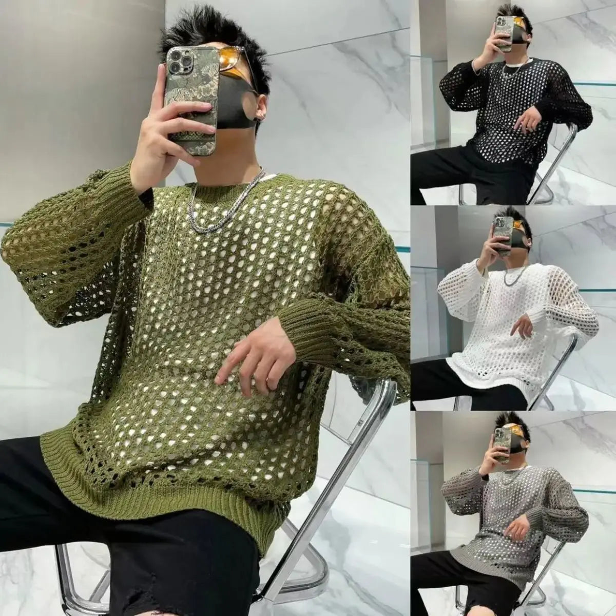 Summer Y2K Vintage Hollow Out Loose Knitting T-shirt Man All Match Geometic Tops Fashion Casual Outfits See-though Male Pullover