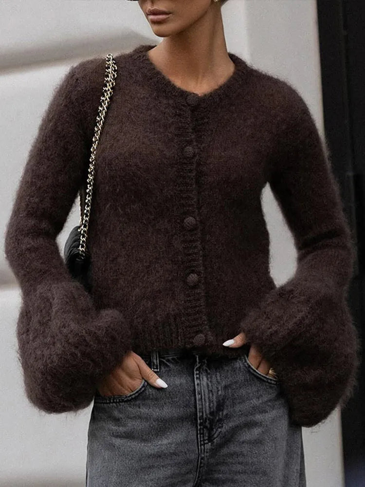 Fashion O-neck Knitted Cardigan Women Solid Flare sleeve Single Breasted Slim Sweater 2025 Lady Autumn Winter Chic New Knitwear