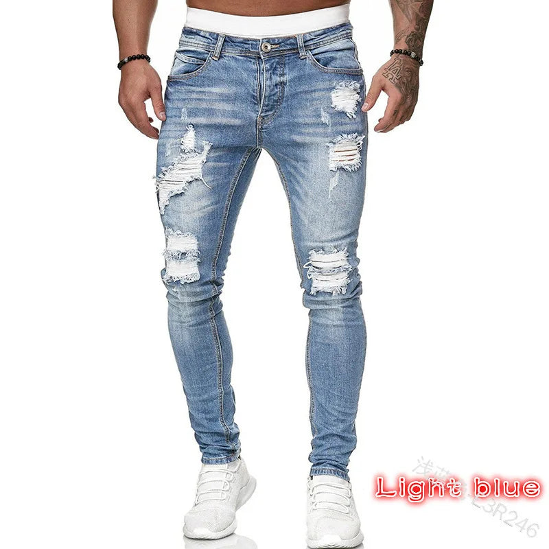 Men Jeans Solid Pockets Stretch Denim Straight Pants Spring Summer