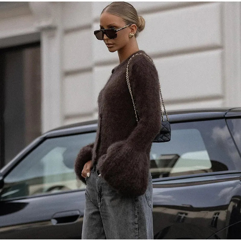 Fashion O-neck Knitted Cardigan Women Solid Flare sleeve Single Breasted Slim Sweater 2025 Lady Autumn Winter Chic New Knitwear