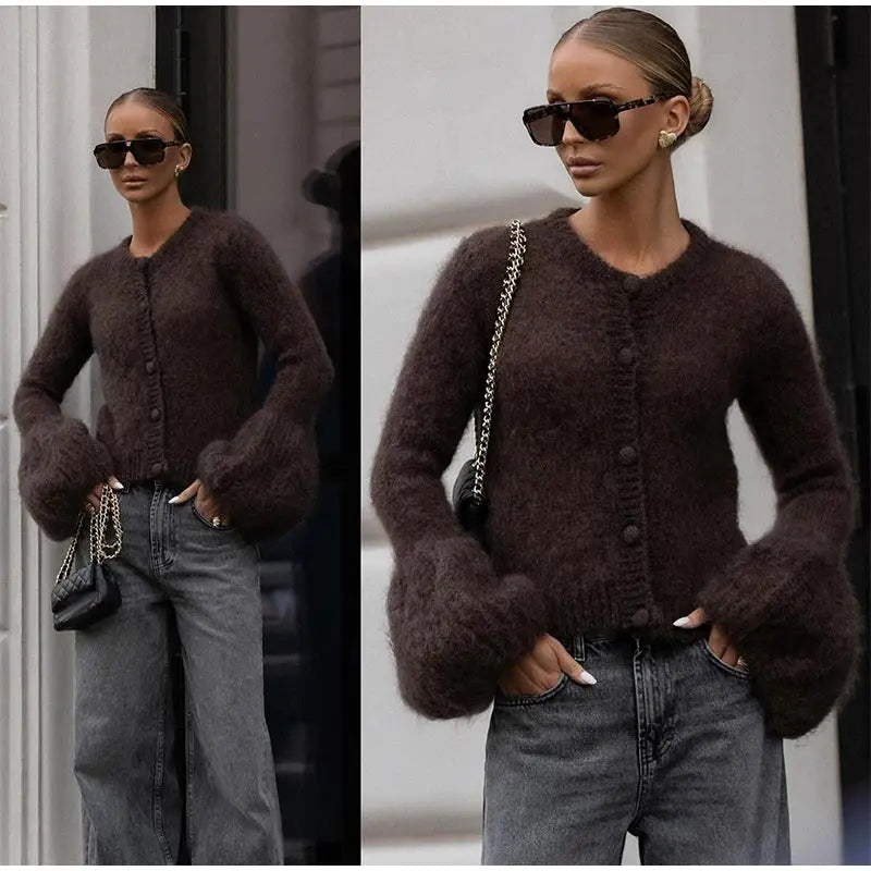 Fashion O-neck Knitted Cardigan Women Solid Flare sleeve Single Breasted Slim Sweater 2025 Lady Autumn Winter Chic New Knitwear
