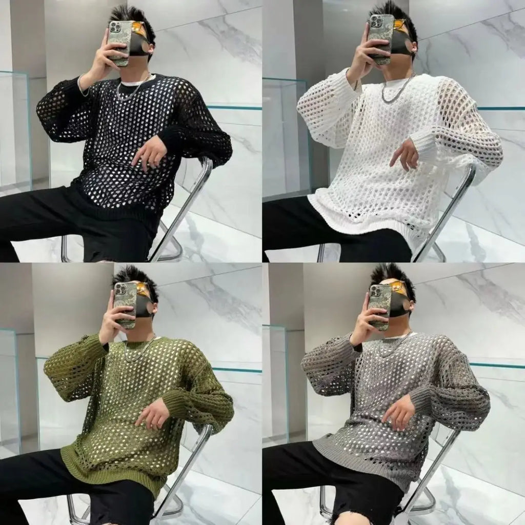 Summer Y2K Vintage Hollow Out Loose Knitting T-shirt Man All Match Geometic Tops Fashion Casual Outfits See-though Male Pullover