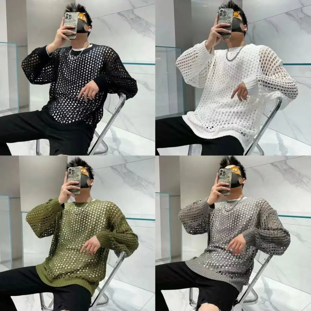 Summer Y2K Vintage Hollow Out Loose Knitting T-shirt Man All Match Geometic Tops Fashion Casual Outfits See-though Male Pullover