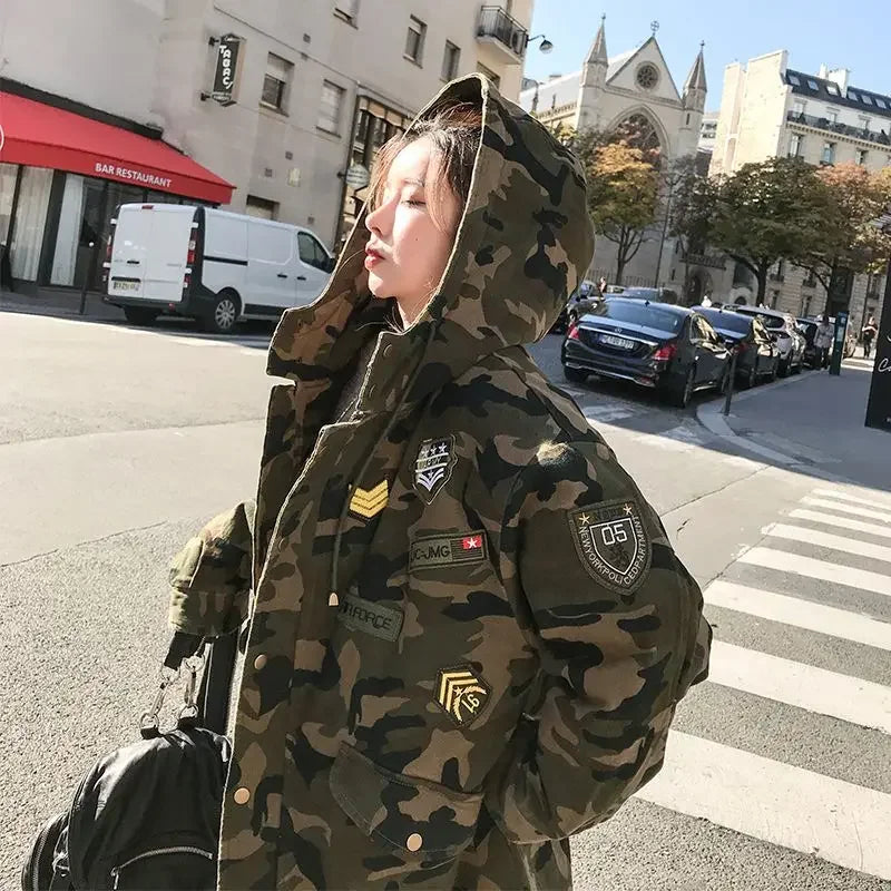 Winter New Camouflage Cotton Parkas for Women Thickened Long Style Fashion Korean Version Cargo Cotton Padded Coat Clothes