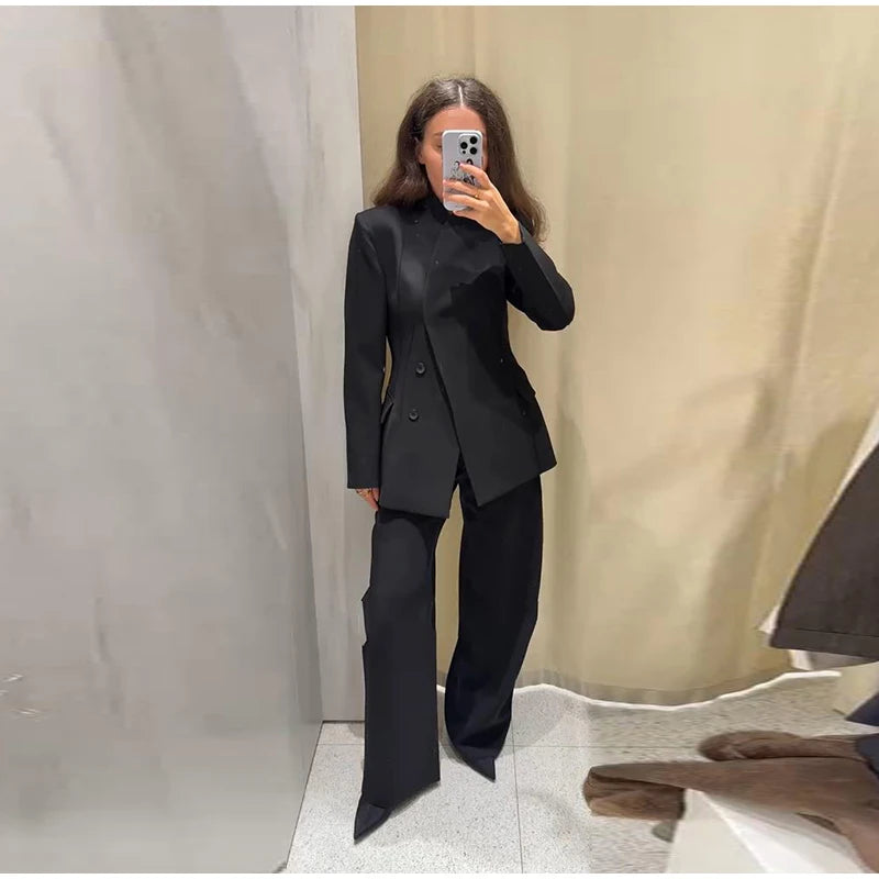 Formal Women's Waist Cinching Blazer Suits Padded Shoulder Long Sleeve Jacket Baggy Pants Casual Office Streetwear Set Outfit