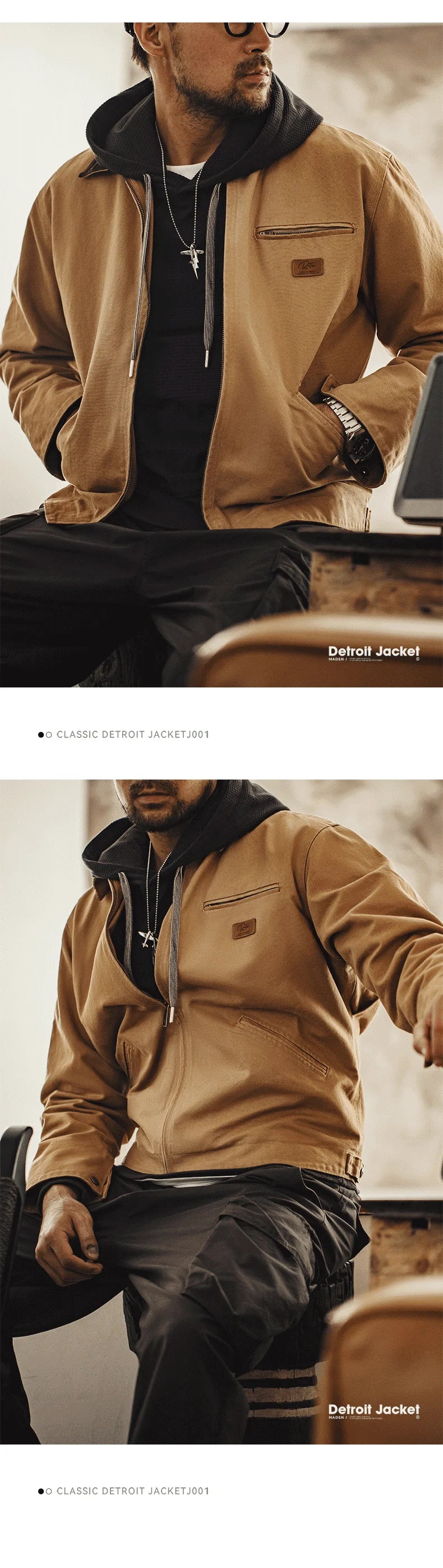 Maden Retro Canvas Detroit Hunting J001 Jacket Heavyweight Pocket Work Jacket Lapel Collar Zipper Coat for Men's Spring and Fall