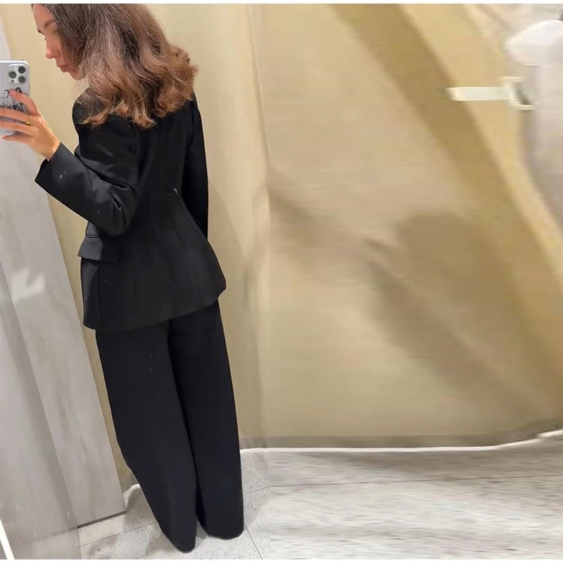 Formal Women's Waist Cinching Blazer Suits Padded Shoulder Long Sleeve Jacket Baggy Pants Casual Office Streetwear Set Outfit