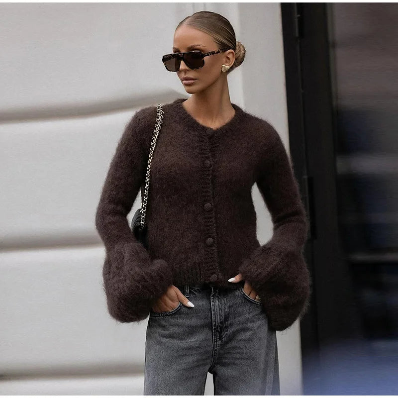 Fashion O-neck Knitted Cardigan Women Solid Flare sleeve Single Breasted Slim Sweater 2025 Lady Autumn Winter Chic New Knitwear