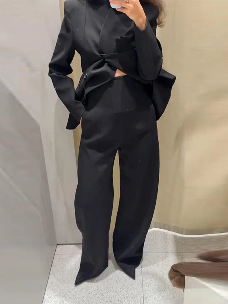 Formal Women's Waist Cinching Blazer Suits Padded Shoulder Long Sleeve Jacket Baggy Pants Casual Office Streetwear Set Outfit