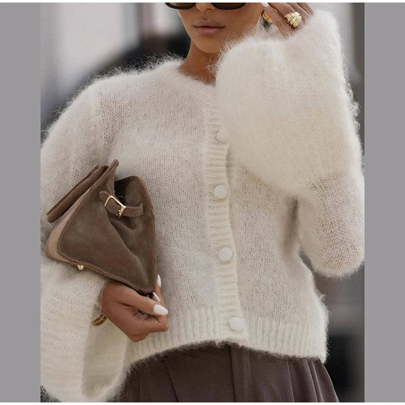 Fashion O-neck Knitted Cardigan Women Solid Flare sleeve Single Breasted Slim Sweater 2025 Lady Autumn Winter Chic New Knitwear