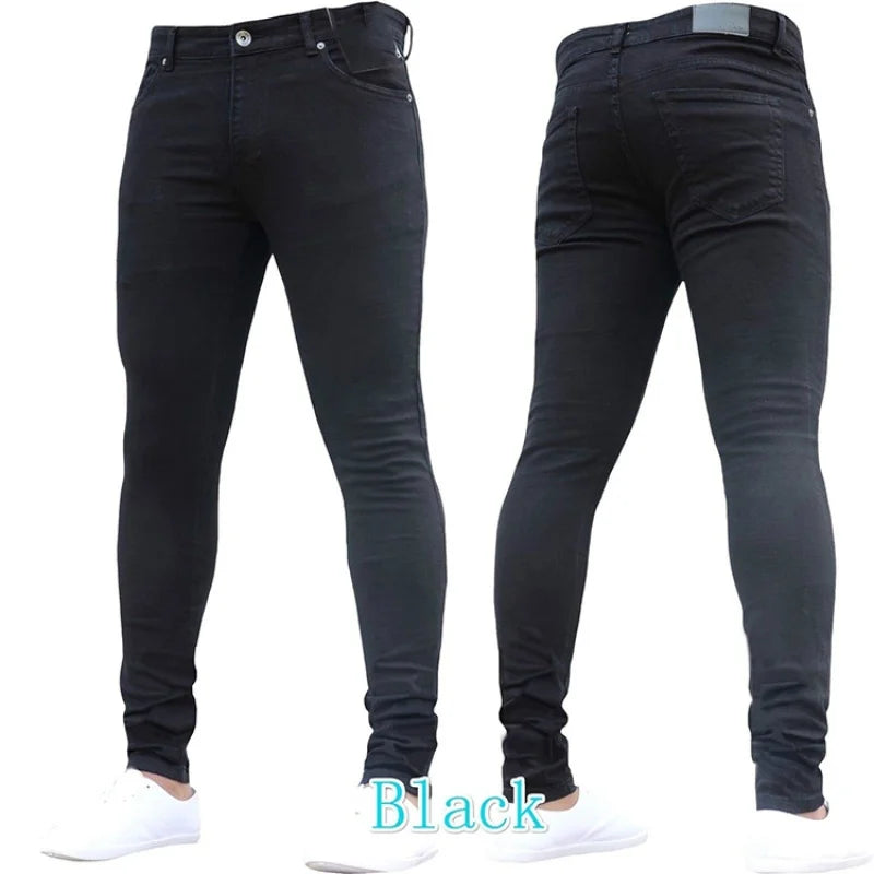 Men Jeans Solid Pockets Stretch Denim Straight Pants Spring Summer