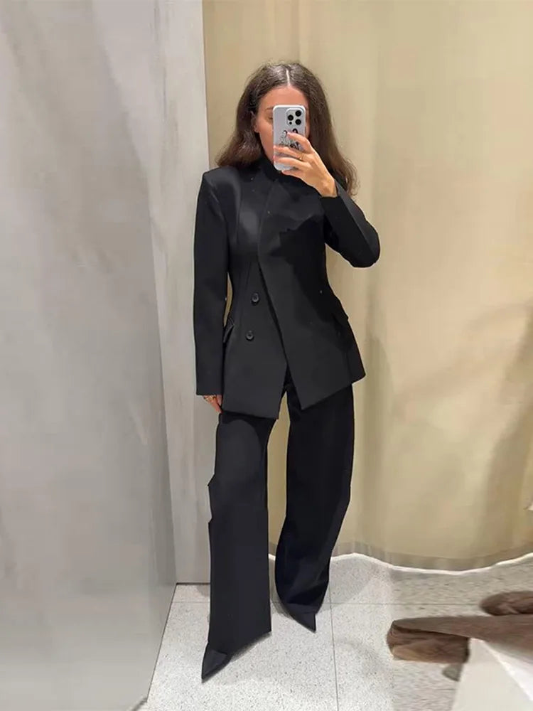 Formal Women's Waist Cinching Blazer Suits Padded Shoulder Long Sleeve Jacket Baggy Pants Casual Office Streetwear Set Outfit