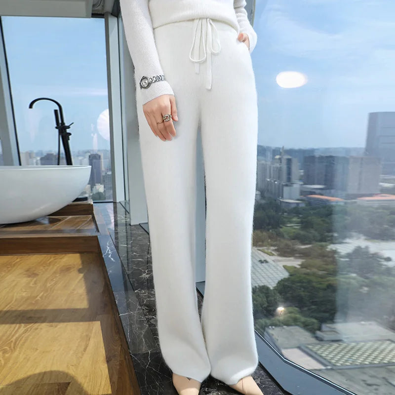 100% Pure Mink Cashmere Knit Wide-Leg Pants Women's Elastic Waist  Straight Trousers Leisure Thick Drawstring Mopping pants