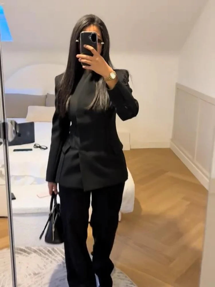 Formal Women's Waist Cinching Blazer Suits Padded Shoulder Long Sleeve Jacket Baggy Pants Casual Office Streetwear Set Outfit