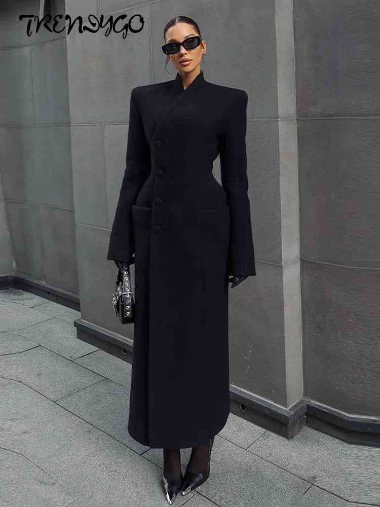 Women's Winter Coat Diagonal Placket Single Breasted Shoulder Pad Woolen Jacket Autumn 2025 Office Lady Waist Cinching Outerwear