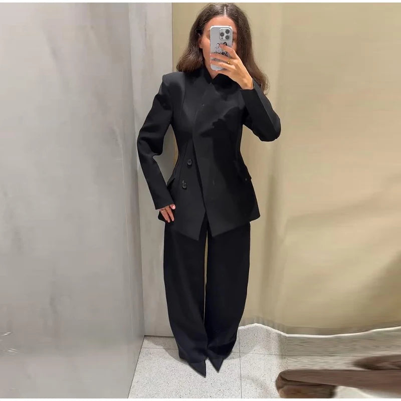 Formal Women's Waist Cinching Blazer Suits Padded Shoulder Long Sleeve Jacket Baggy Pants Casual Office Streetwear Set Outfit