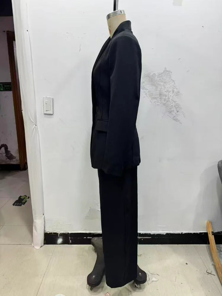 Formal Women's Waist Cinching Blazer Suits Padded Shoulder Long Sleeve Jacket Baggy Pants Casual Office Streetwear Set Outfit