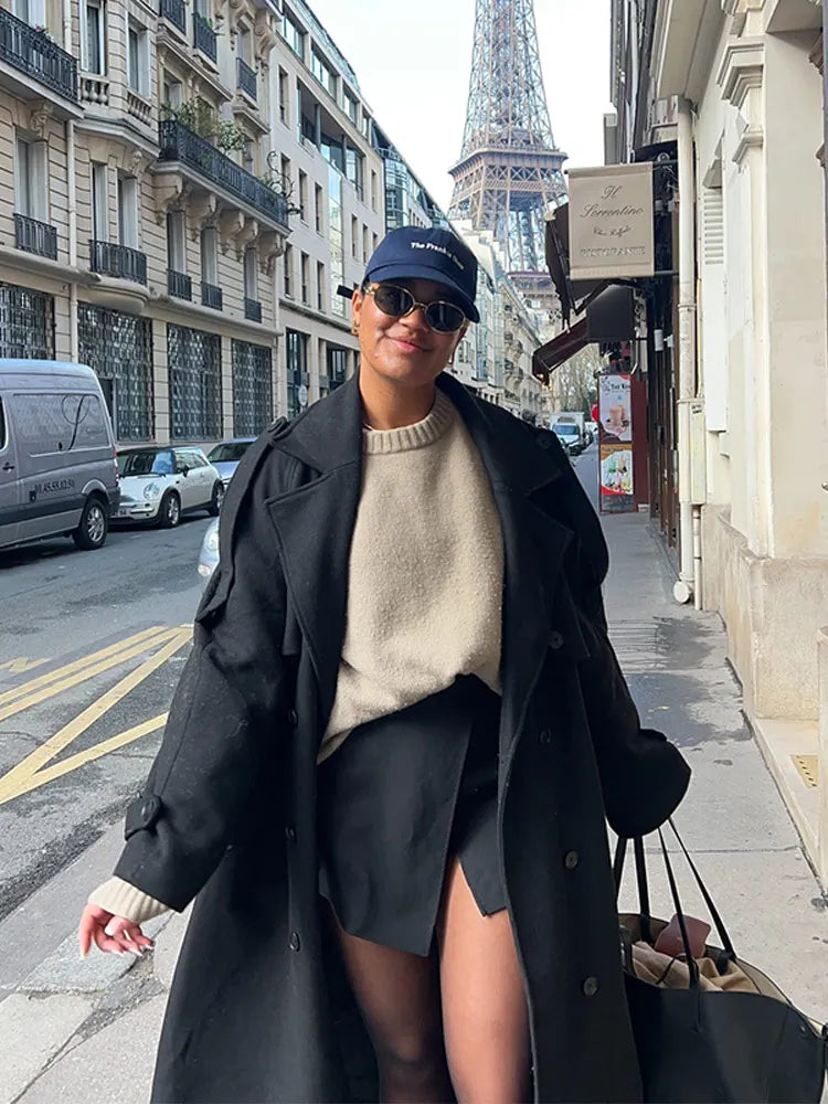 Woolen Breasted Long Coat Women Lapel Double Breasted Casual Pocket Chic Elegant Outwear Autumn Winter Street Lady Overcoat