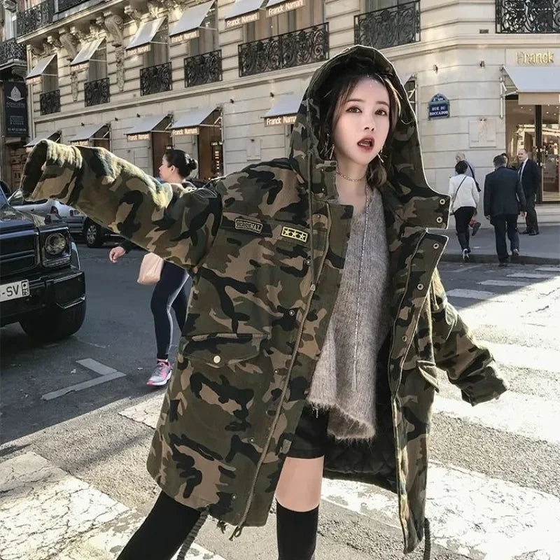 Winter New Camouflage Cotton Parkas for Women Thickened Long Style Fashion Korean Version Cargo Cotton Padded Coat Clothes
