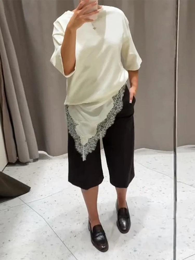 Elegant Lace Trim Patchwork Solid Blouse T-shirts Women Asymmetrical Hem Casual Inner Wear Top 2025 New Solid All Match Outfit