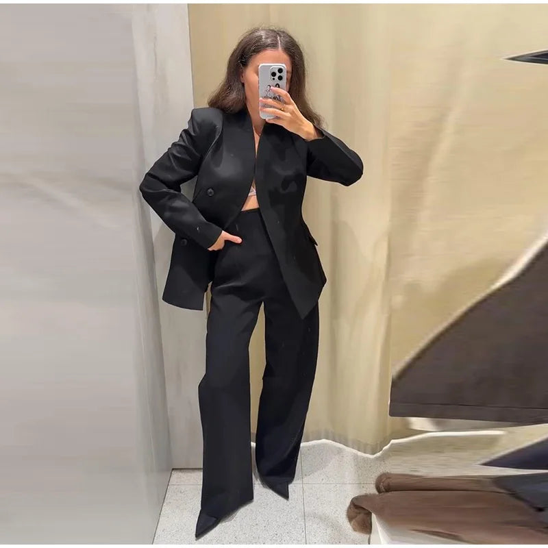 Formal Women's Waist Cinching Blazer Suits Padded Shoulder Long Sleeve Jacket Baggy Pants Casual Office Streetwear Set Outfit