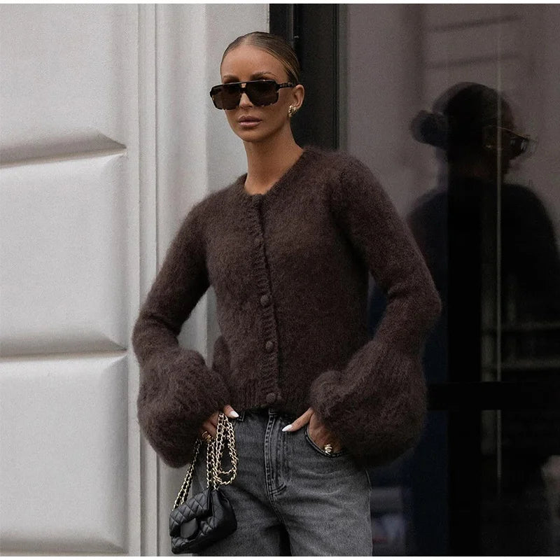 Fashion O-neck Knitted Cardigan Women Solid Flare sleeve Single Breasted Slim Sweater 2025 Lady Autumn Winter Chic New Knitwear