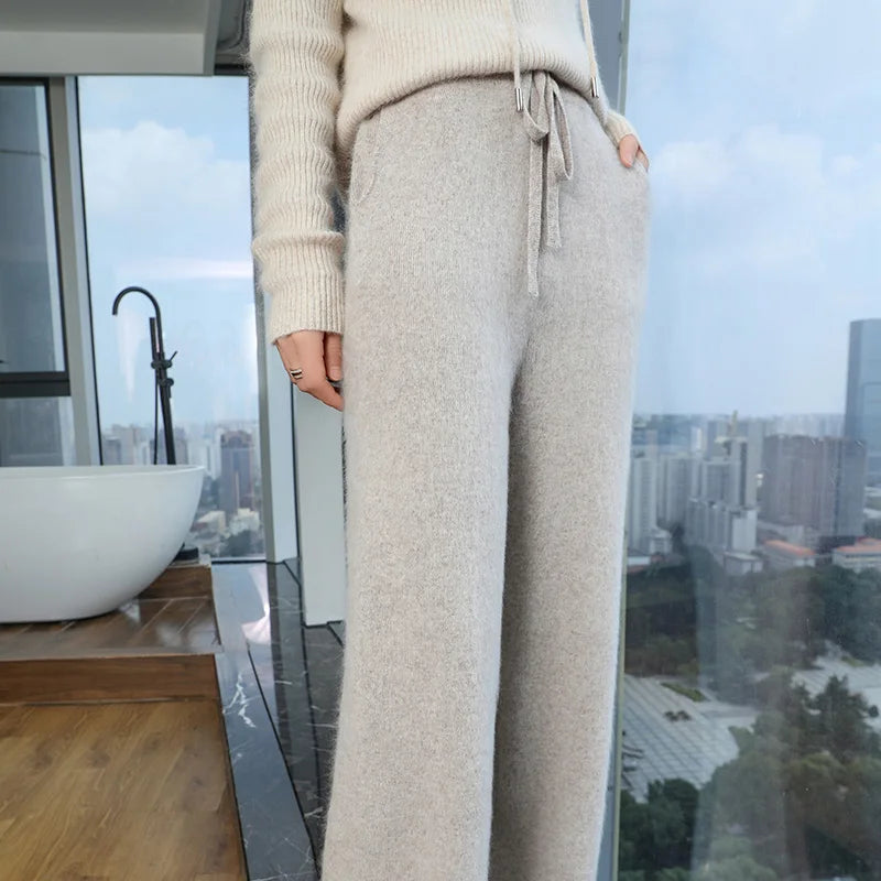 100% Pure Mink Cashmere Knit Wide-Leg Pants Women's Elastic Waist  Straight Trousers Leisure Thick Drawstring Mopping pants