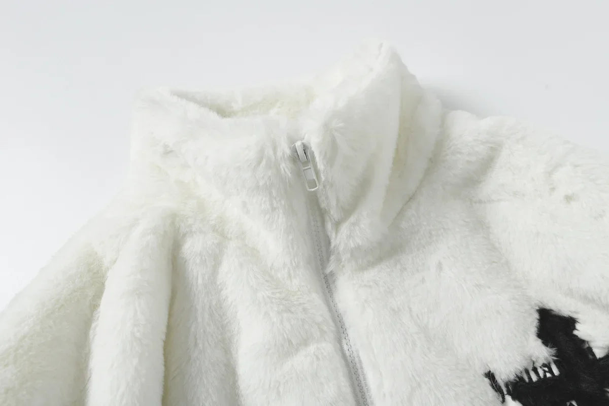 Embroidered Jacket Men's Imitation Rabbit Fur Stand Up Collar Unisex Loose Cotton Jacket