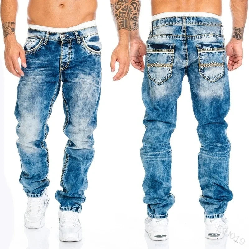 Men Jeans Solid Pockets Stretch Denim Straight Pants Spring Summer