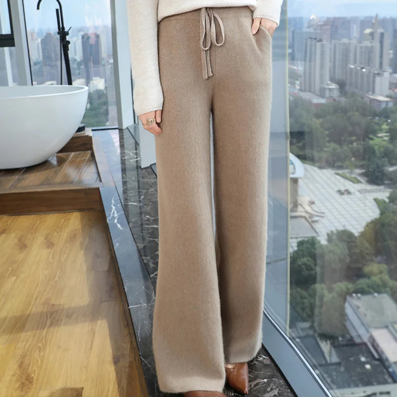 100% Pure Mink Cashmere Knit Wide-Leg Pants Women's Elastic Waist  Straight Trousers Leisure Thick Drawstring Mopping pants