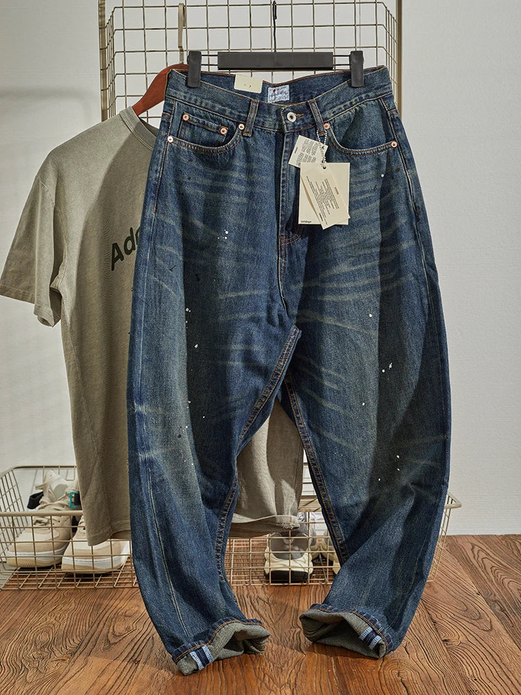 Four Seasons New American Retro Spray Paint Denim Jeans Men's Fashion 100% Cotton Washed Make Old Casual Straight Loose Trousers