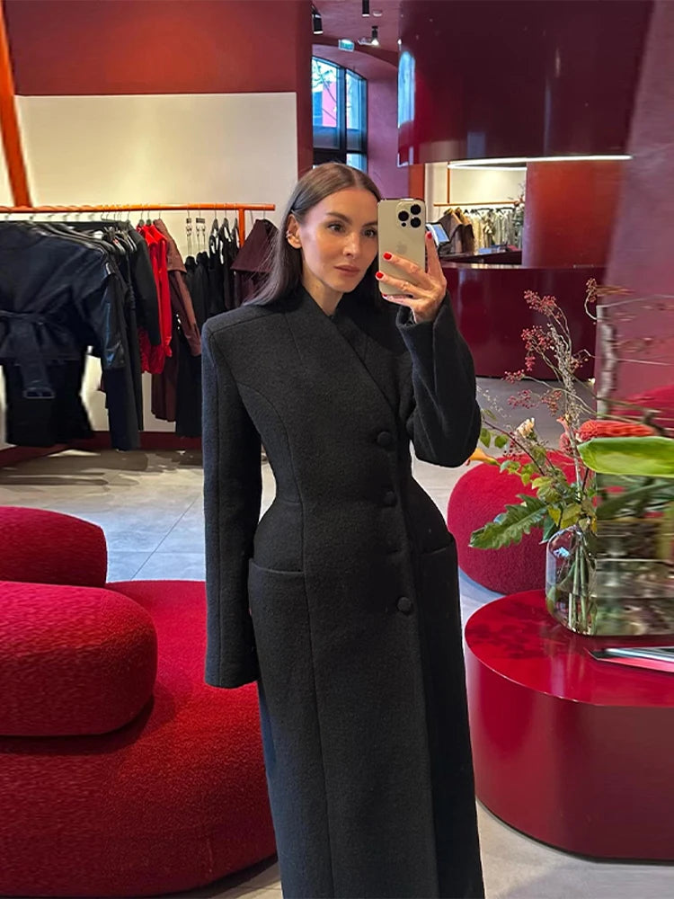 Women's Winter Coat Diagonal Placket Single Breasted Shoulder Pad Woolen Jacket Autumn 2025 Office Lady Waist Cinching Outerwear