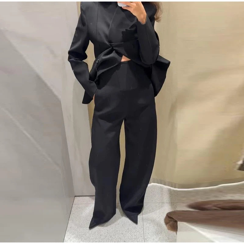 Formal Women's Waist Cinching Blazer Suits Padded Shoulder Long Sleeve Jacket Baggy Pants Casual Office Streetwear Set Outfit