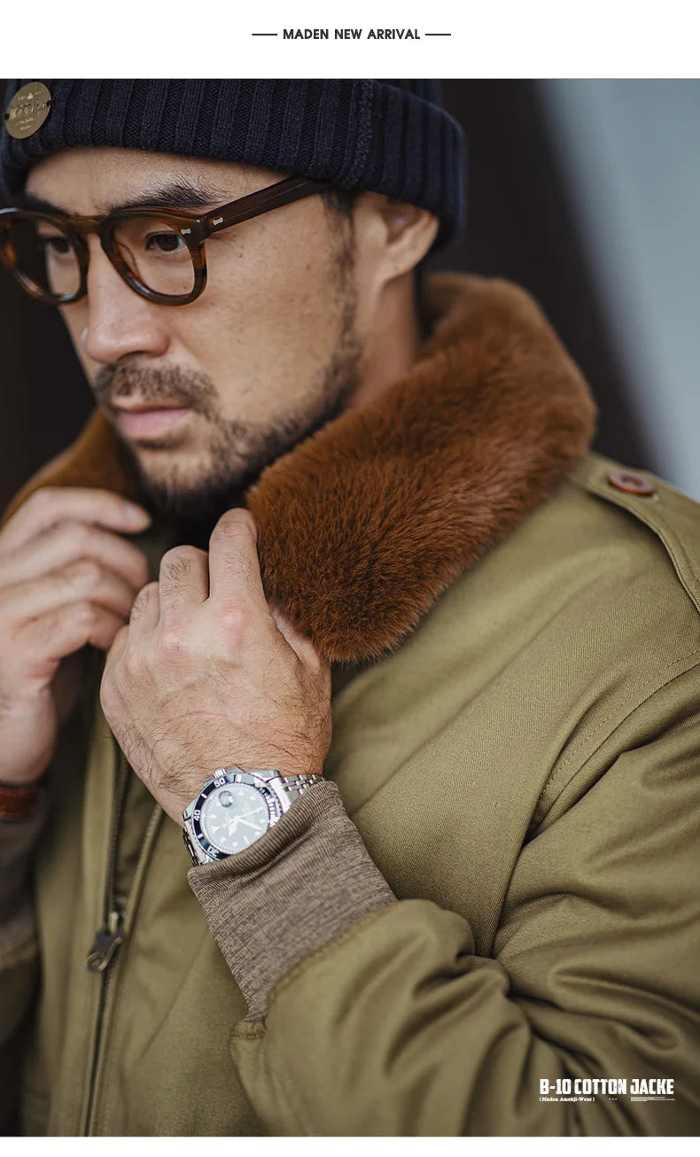 Maden Vintage B10 Bomber Jacket Zippered Cotton Flight Coat with Fur Collar Lapel Pockets Green Cotton Jacket for Men's Winter