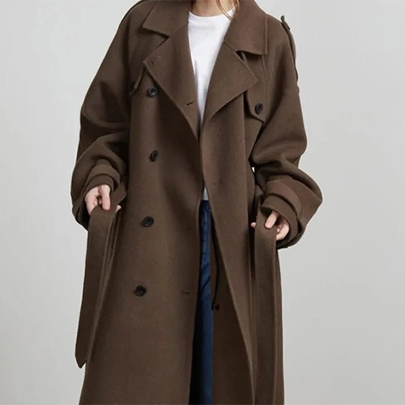 Woolen Breasted Long Coat Women Lapel Double Breasted Casual Pocket Chic Elegant Outwear Autumn Winter Street Lady Overcoat