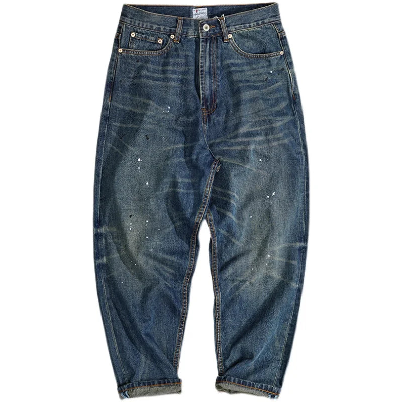 Four Seasons New American Retro Spray Paint Denim Jeans Men's Fashion 100% Cotton Washed Make Old Casual Straight Loose Trousers