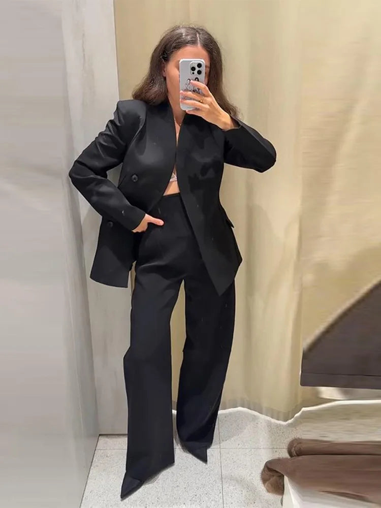 Formal Women's Waist Cinching Blazer Suits Padded Shoulder Long Sleeve Jacket Baggy Pants Casual Office Streetwear Set Outfit