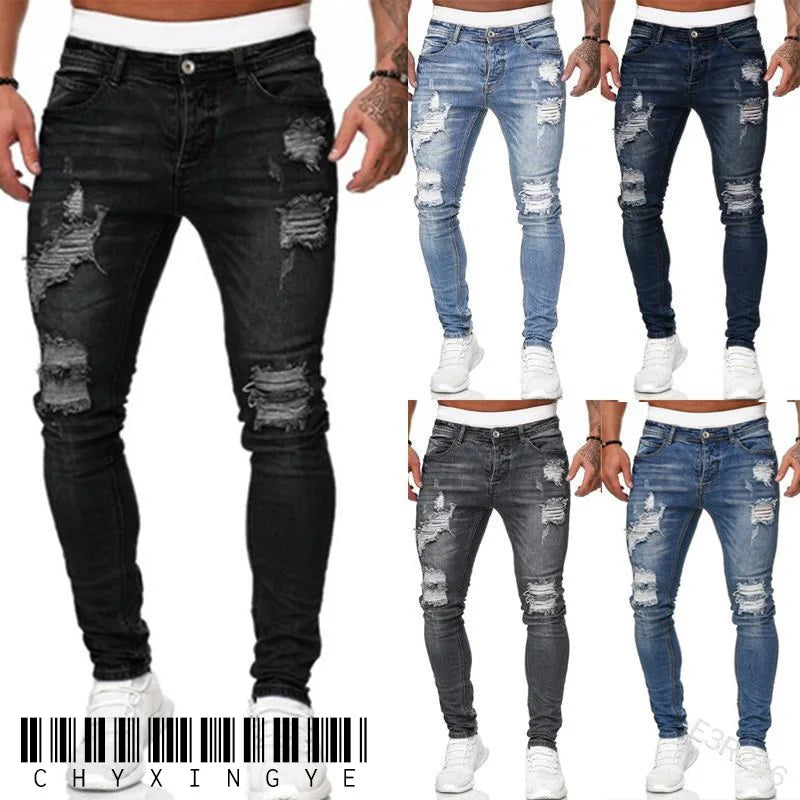 Men Jeans Solid Pockets Stretch Denim Straight Pants Spring Summer
